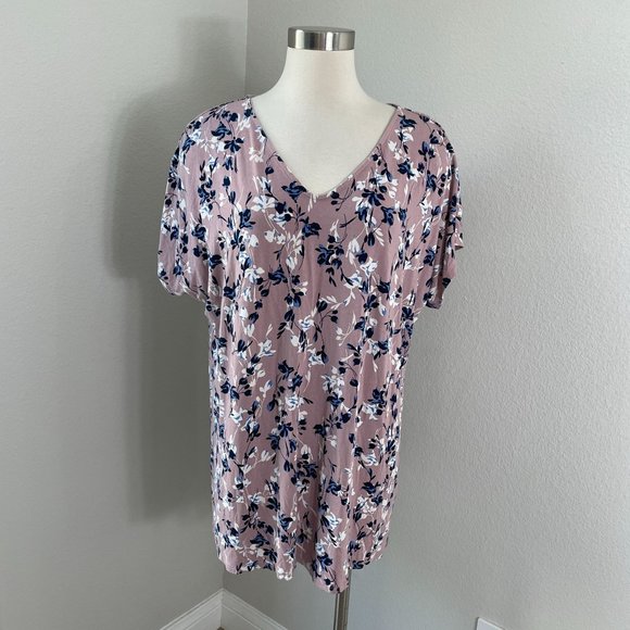 J  Jill Wearever Collection Womens XL Floral Short Sleeve V Neck Tunic Top Shirt - Picture 1 of 7